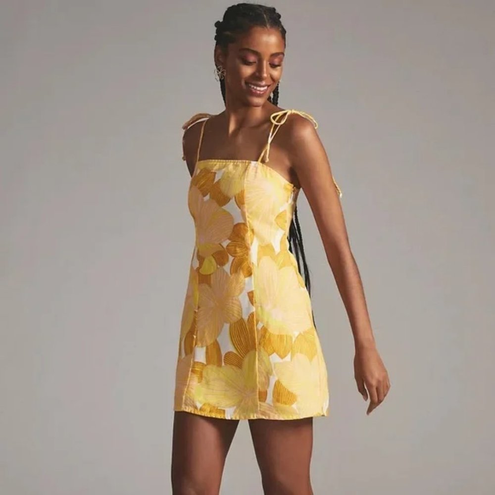 Faithfull The Brand Ysla Floral Print Linen Mini Dress Yellow Large